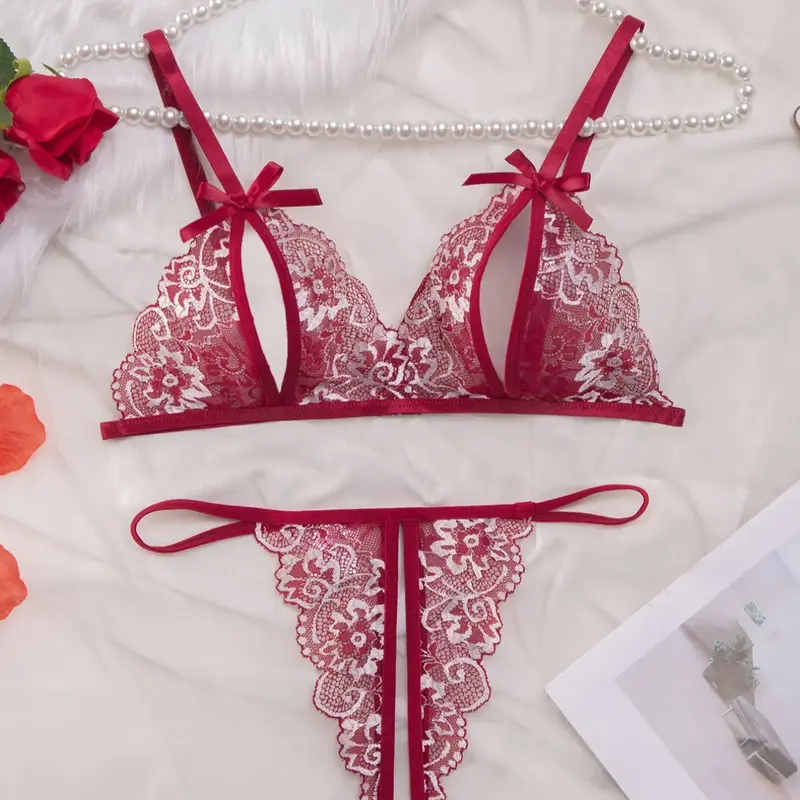 Women's 2pcs Bow Decor Sheer Floral Lace Lingerie Set, Elegant Adjustable Strap Bra & Crotchless Thong Underwear Set, Soft Comfy Breathable Sexy Lingerie Set for All Seasons Bra Sets