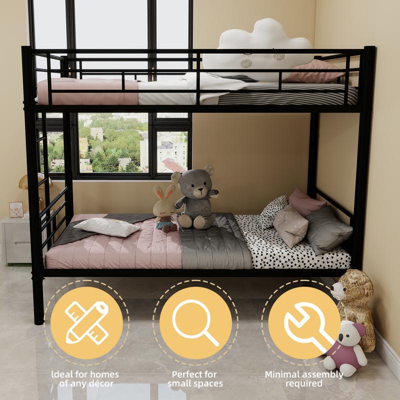 Bunk Bed Frame Twin Over Twin, Heavy Duty Detachable Metal Bunk Beds with Ladder and Full-Length Guardrail, Space Saving Design, No Boxing Spring Needed, Easy to Assemble, Black