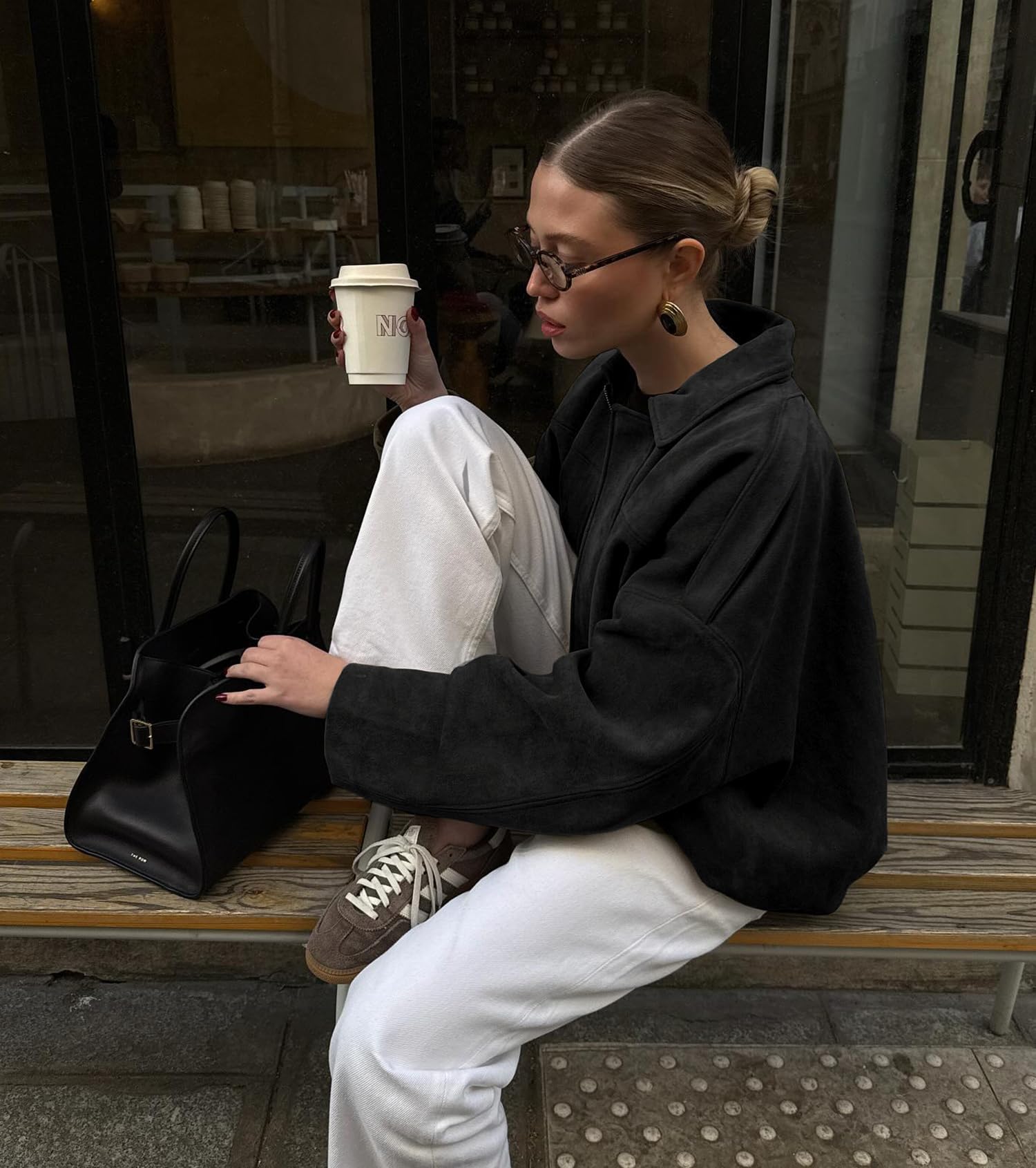 Buenoble Women's Faux Suede Bomber Jackets Cropped Fall Winter Lapel Motorcycle Coats Streetwear Outerwear with Pockets Tops Womenswear Basic Brown Casual Long Sleeve