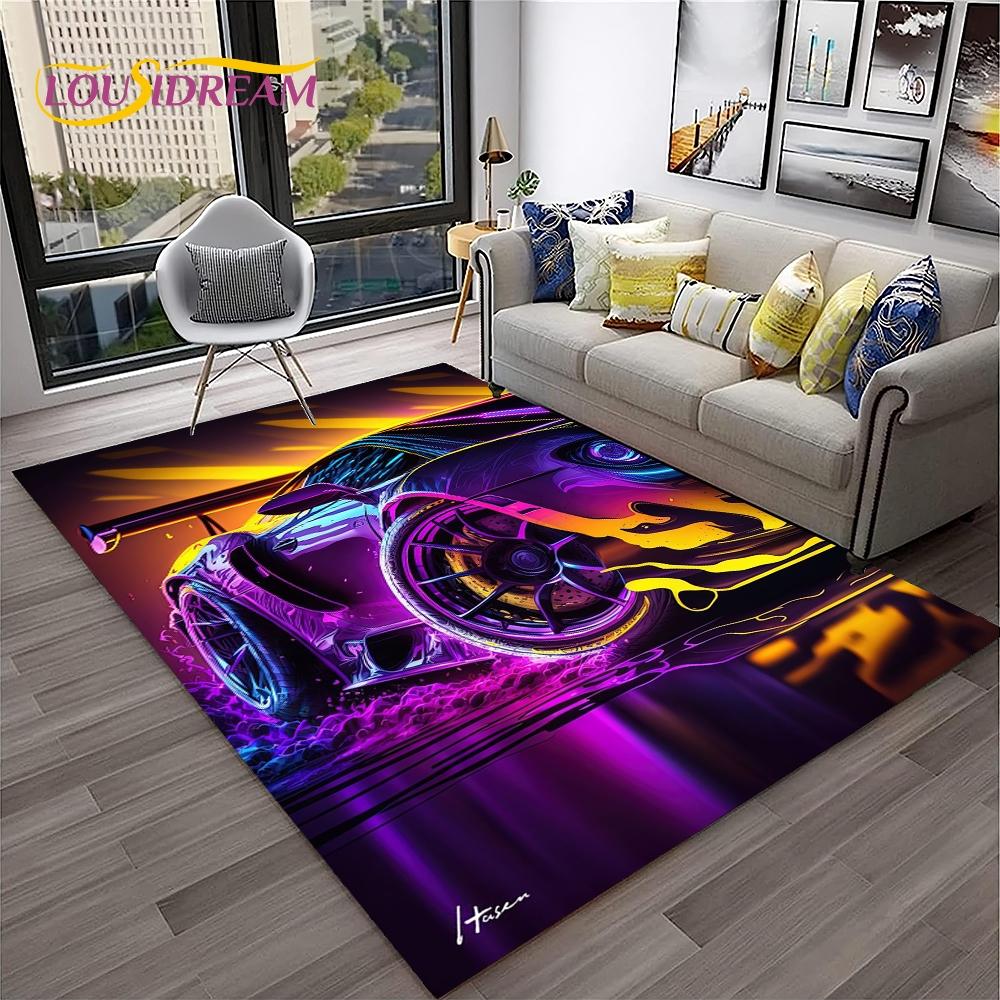 Blue Sports Car Flannel Area Rug - Cool Graffiti Style Supercar Print Soft Mat for Living Room & Garage, Non-Slip Car Enthusiast Home Decor#SportsCarRug #GraffitiSupercarMat #CarEnthusiastDecor #GarageCarpet #NonSlipFlannelRug