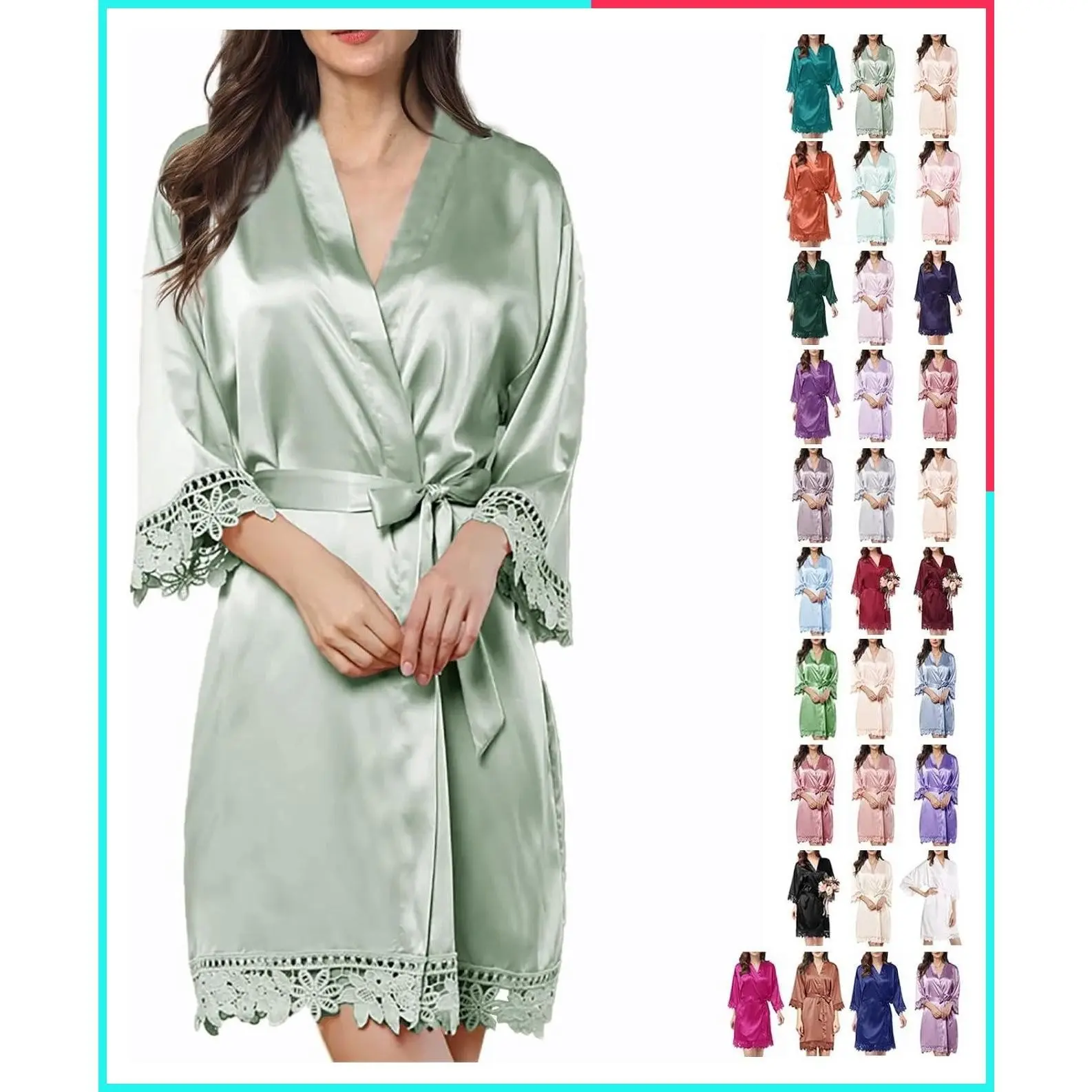 Women's Silk Satin Kimono Robe with Lace Trim - Bridal Wedding Bridesmaid Bathrobe Dressing Gown