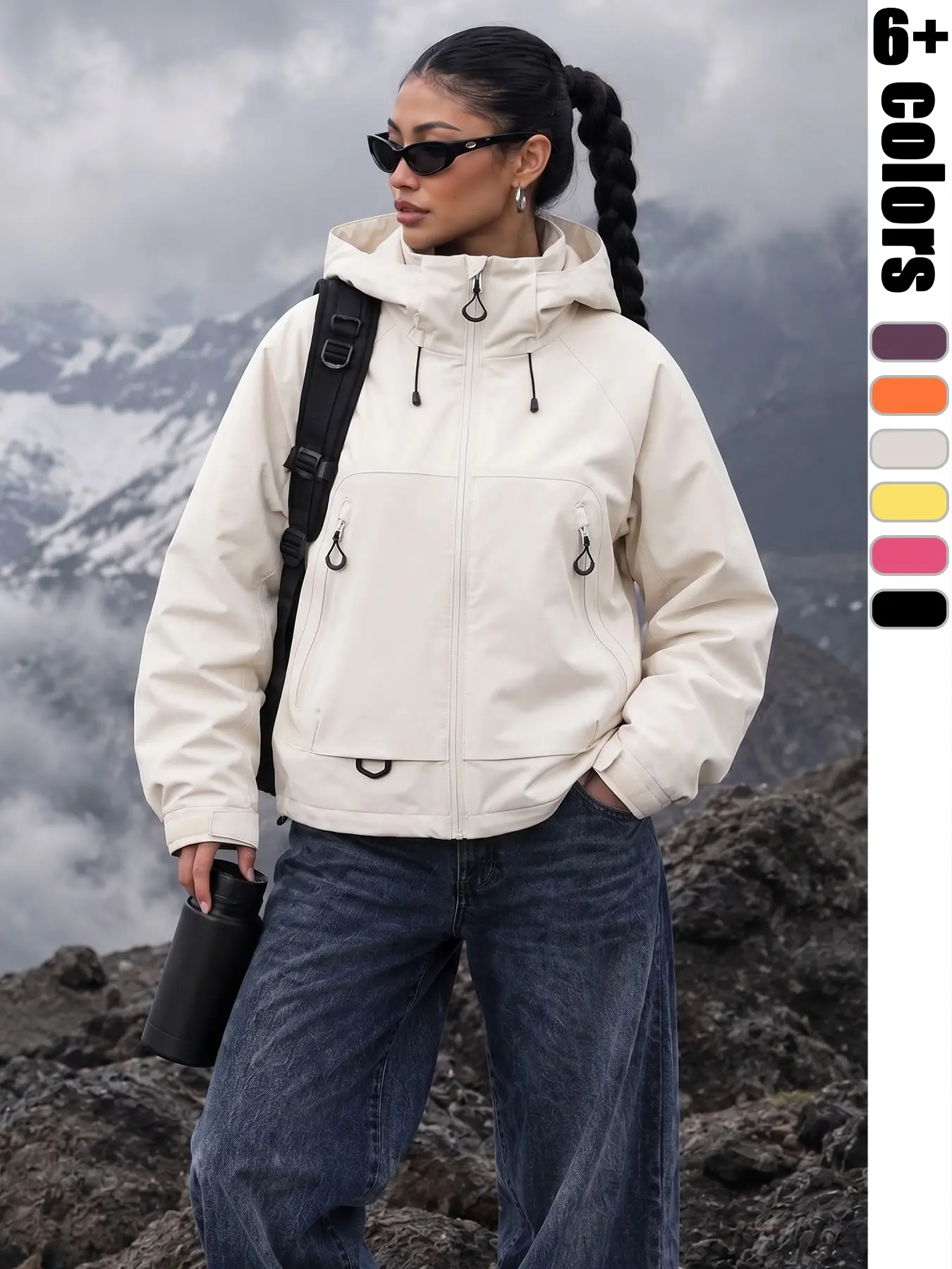 Women's Soft Shell Hooded Jacket, Zip Pockets, Windproof Waterproof, Outdoor Hiking Camping Running Sports, Anti-Scratch Breathable Fabric