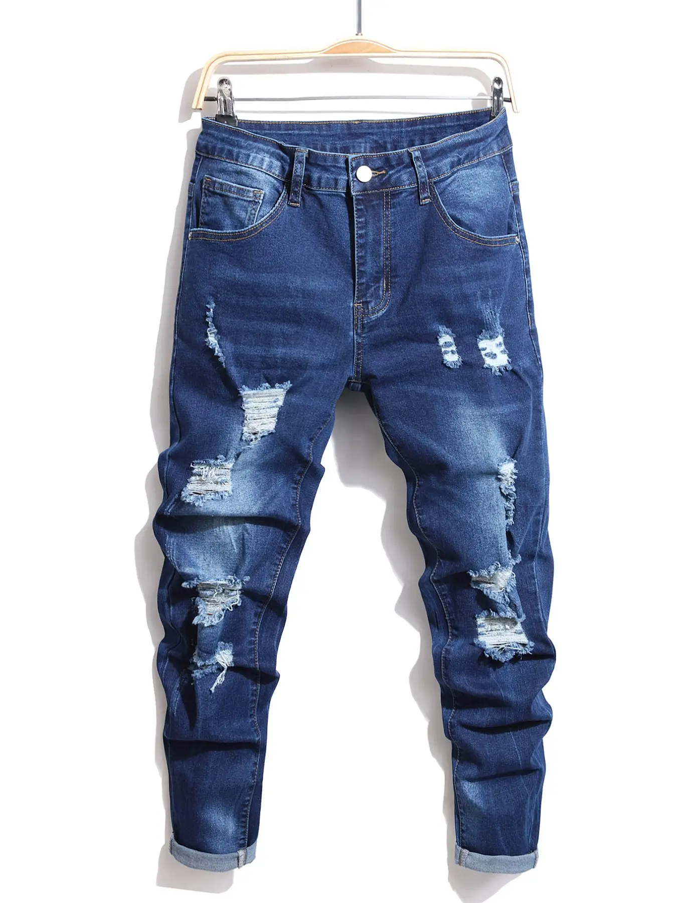 Men's Slim Fit Ripped Stretch Jeans, Vintage Streetwear Fashion Long Pants, Comfortable and Stylish Denim Fabric, Ideal for Daily Wear