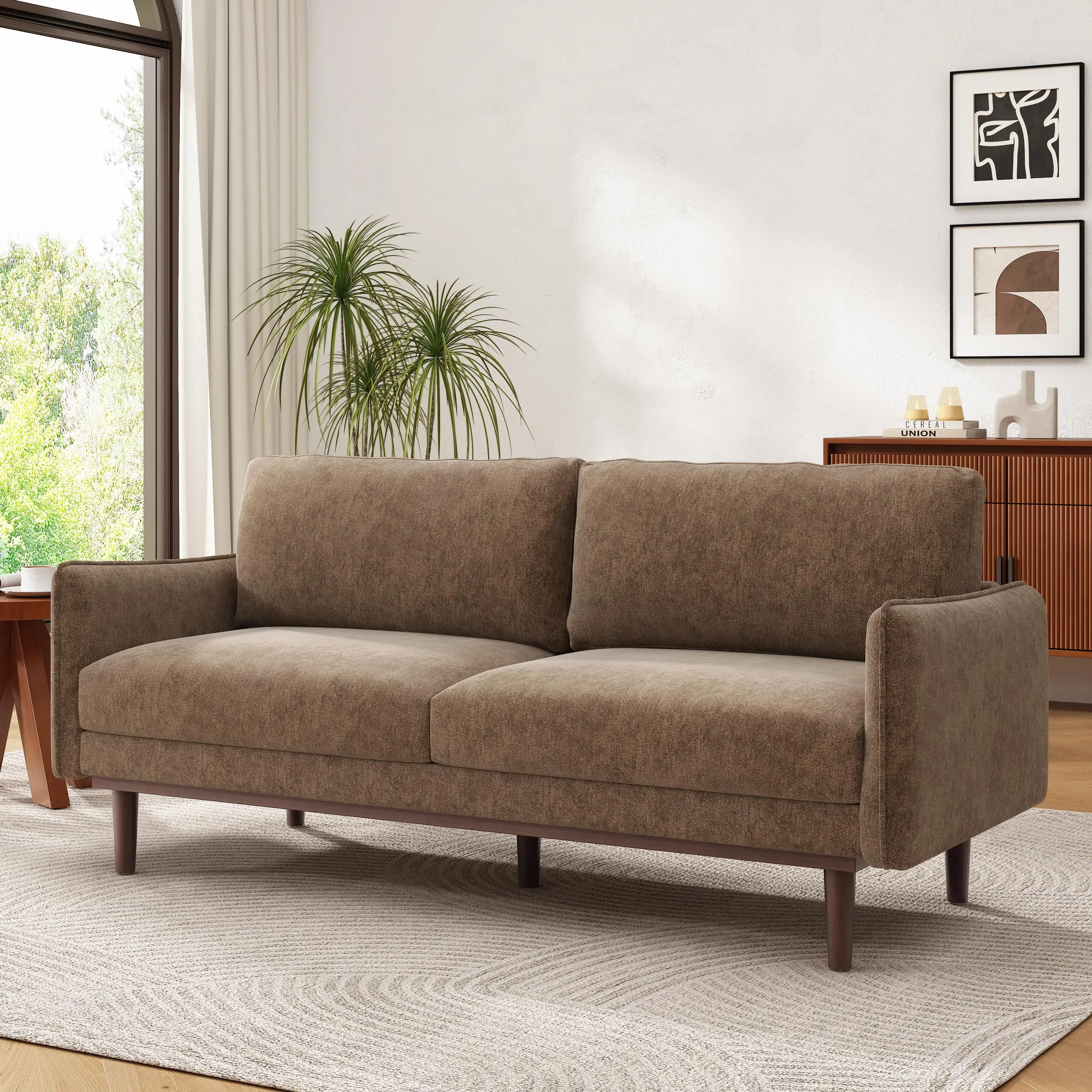 Modern Brown Chenille Loveseat Sofa, 75.75 Inch Wide 2-Seater Couch with Square Arms and Cushion Back for Living Room