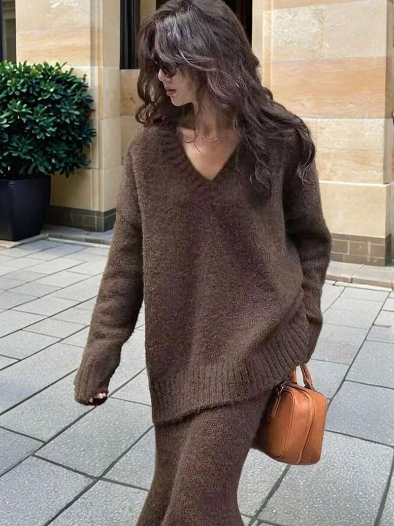 Women's V-Neck Sweater Dress Set, Casual Fashion Two-Piece Knitwear, Autumn Winter New Arrival, Comfortable and Elegant Style