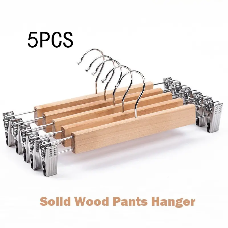 5-Pack Wooden Skirt Hangers with Movable Clips, 360-Degree Rotating Hooks, Compact 33cm Design, Ideal for Closet Organization and Storage