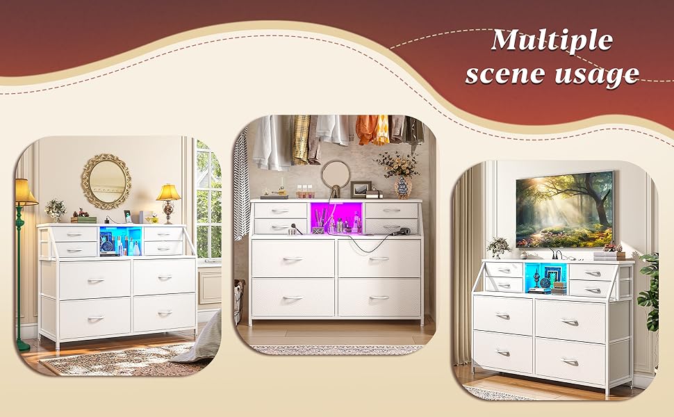 Raybee Furniture 8/10 Drawers Dresser for Bedroom, with Charging Station and LED, Sturdy Chest of Drawers Organizer, with 2 Open Shelves for Storage,Bedroom, Living Room,Hallway