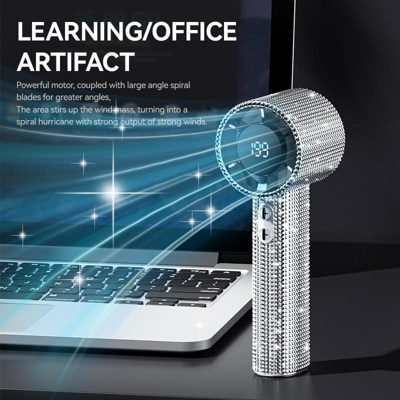 Portable Handheld Turbo Fan, Fashion Full Diamond Design, 1800mah USB Rechargeable, Personal Battery Operated, Mini Pocket Fan for Travel Outdoor