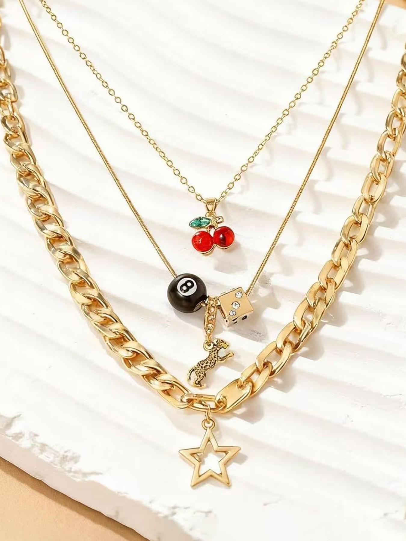 Y2K Necklaces Jewelry Gold Cherry Necklaces for Women Chunky Charm Streetwear Star 8 Ball Stackable Leopard Cheetah Dice Layered Gold Dainty Statement Chain Choker Trendy Birthday Jewelry Gifts