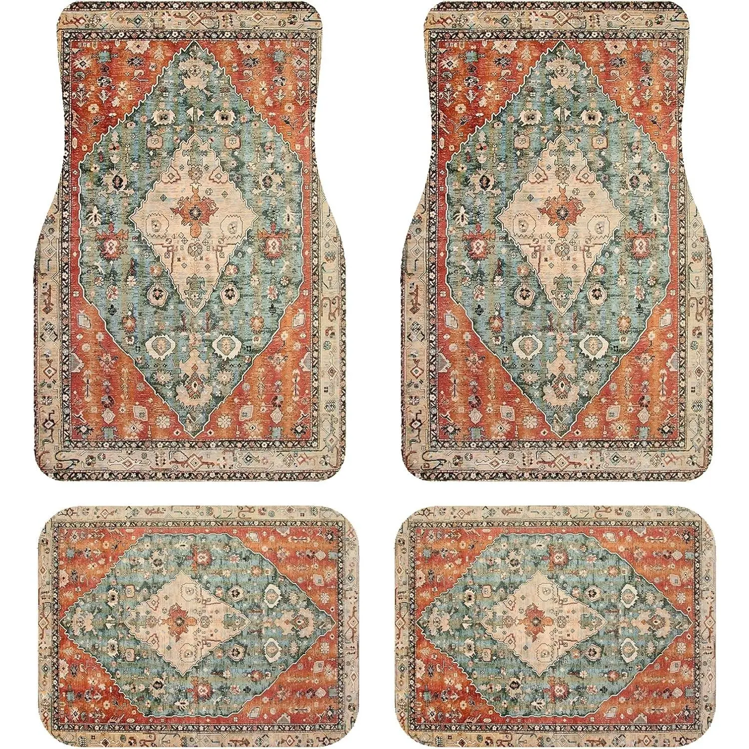 Linen Persian Car Floor Mats Full Set | Vintage Oriental Car Decor for Women,Men | Waterproof All-Weather Universal Fit for SUV, Sedan | Luxury Bohemian Car Accessories, Non-Slip
