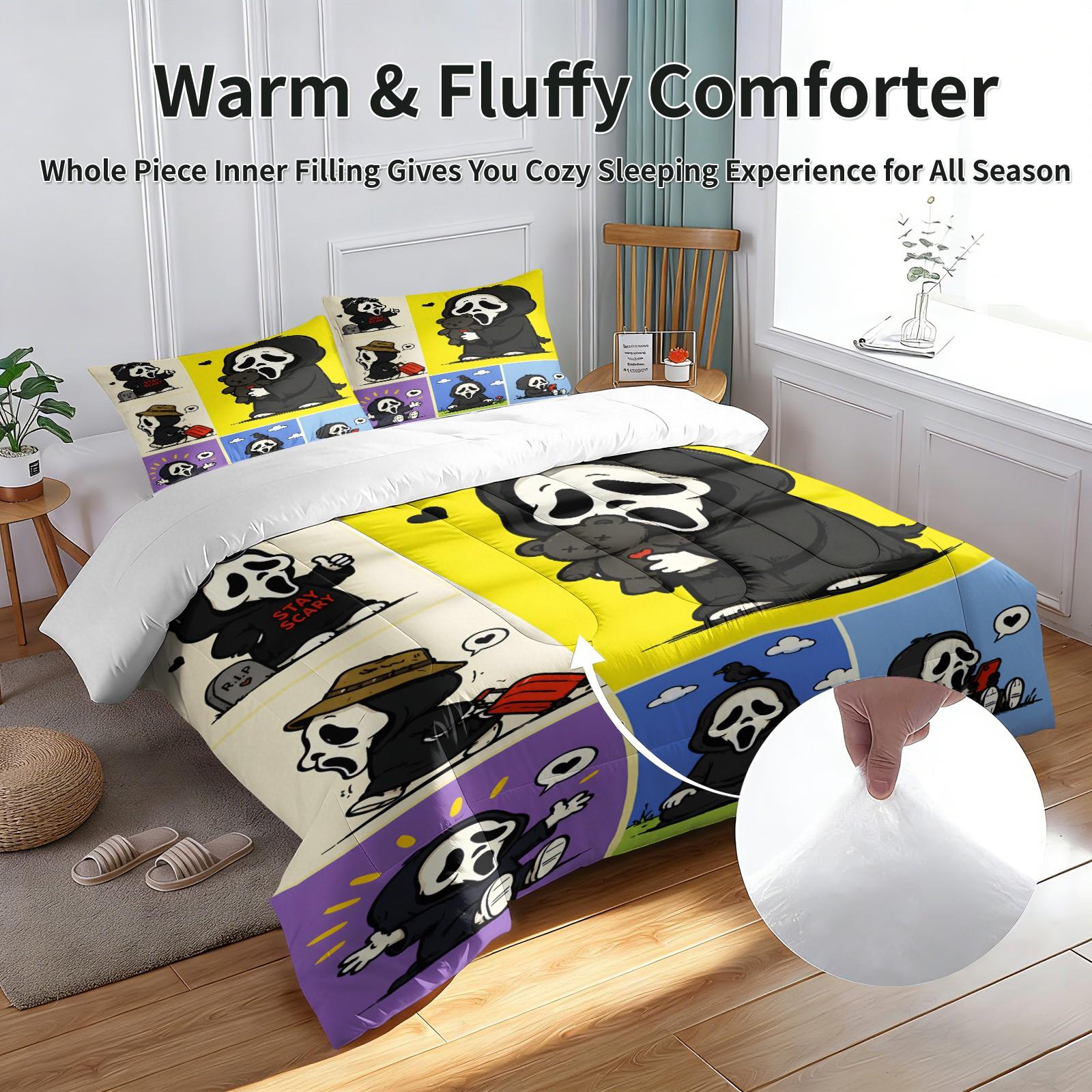 Color-Block Plaid Chibi Hugging a Teddy Bear, Pulling a Suitcase and Playing Phone Ghostface Print Comforter Set & 1-2 Pillowcases, Comfortable Easy Care Bedding, Halloween or Movie Fans Bedroom Dorm Decor