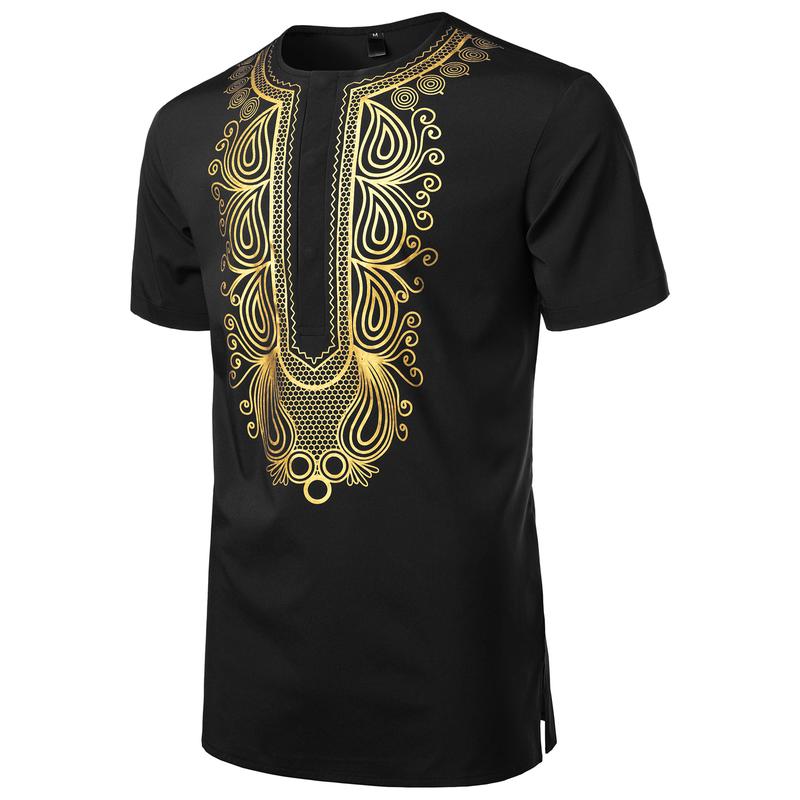 ZEROYAA Men's African Ethnic Hidden Button Short Sleeve Shirt Metallic Gold Printed Dashiki Menswear Fabric summer outfits men 4th july outfit