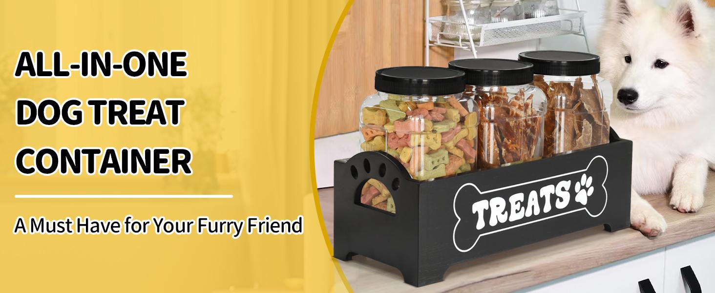 Dog Treat Container Dog Food Storage Container for Countertop, Cat Food Storage Container with 3 Plastic Dog Treat Jar, Dog Food Storage Container for Dog and Cat, Black Wooden Dog Food Container