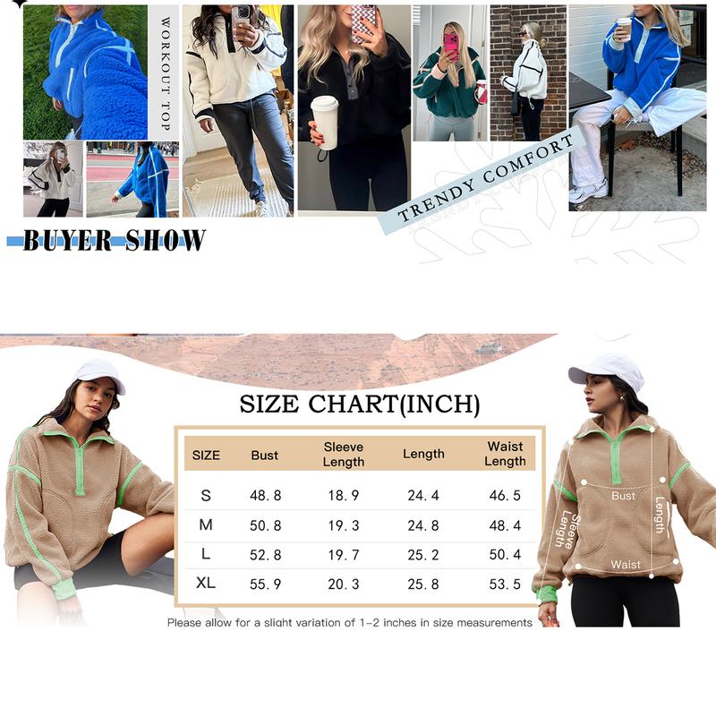 JovenPara Women's Half Zip Sherpa Fleece Pullover Oversized Long Sleeve Sweatshirt with Pockets Casual Hoodie Warm Fuzzy Sweater for Daily Wear