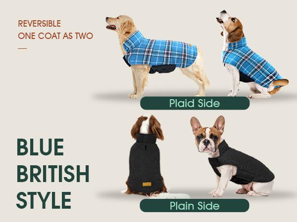 Kuoser Warm Dog Coat, Reversible Dog Jacket Waterproof Dog Winter Coat British Style Plaid Dog Clothes Pet Dog Cold Weather Coats Cozy Snow Jacket Vest for Small Medium Large Dogs
