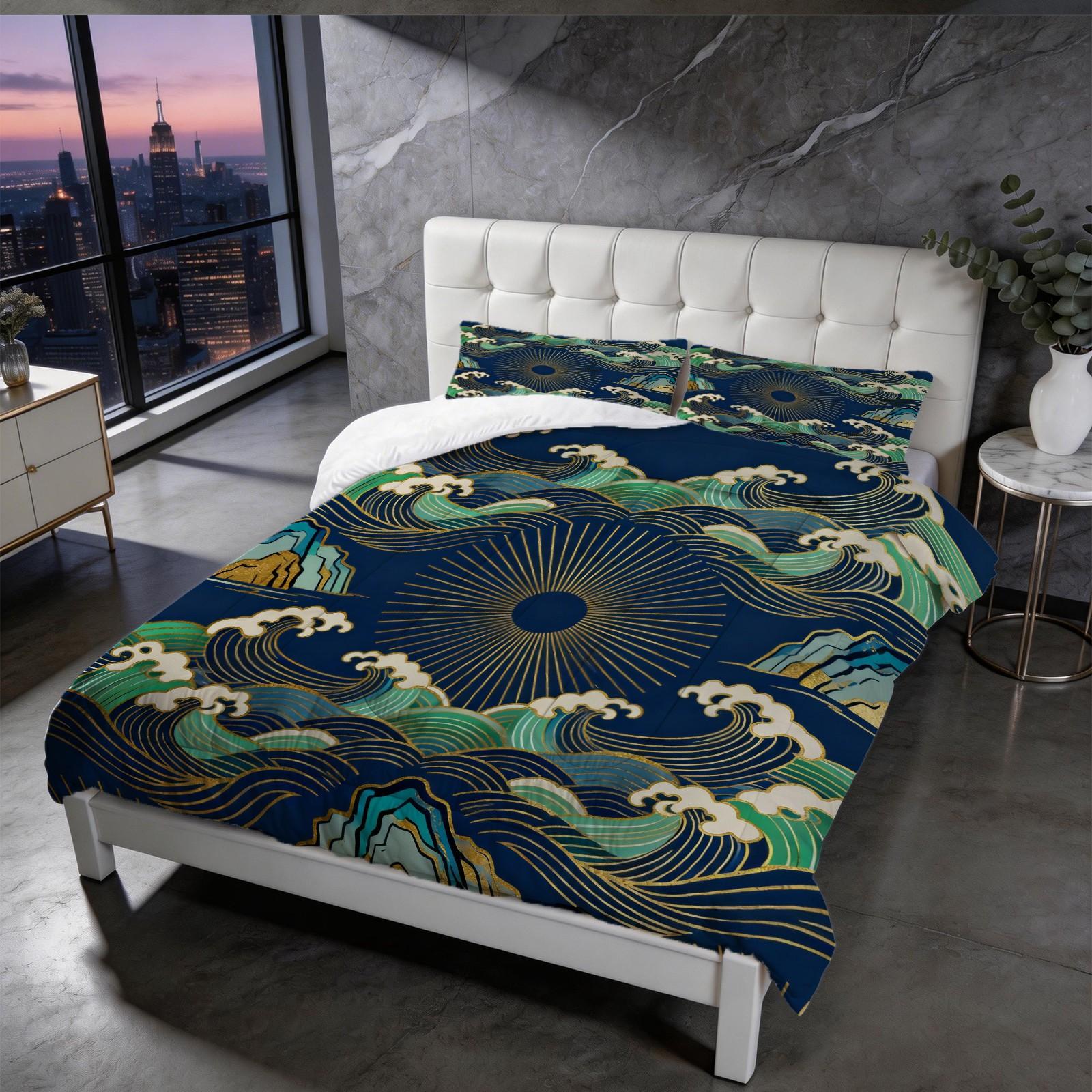 2/3 Piece Japanese Wave Sun Comforter Set | Gold Foil Great Wave HD Print Bedding Set | Soft Lightweight U-Quilted Quilt | For Bedroom Dorm (Pillows Not Included)