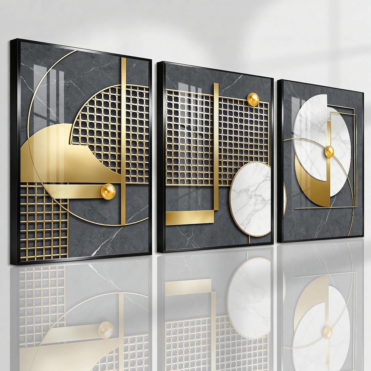 3 Counts Aluminum Alloy Framed Painting, Geometric Gold And Marble Abstract Art, Home Decoration For Living Room, Bedroom, Office, Restaurant, Hallway Wall Decor, Odorless Print Artwork, Luxury Perfect Gift For Friends And Family