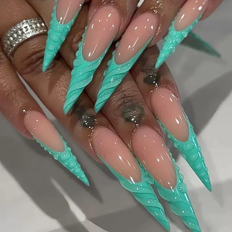 24 Pcs 3D Turquoise Almond Nails, Dragon Scale French Tip Design, Rhinestone Decor, Glossy Gel False Nails, Reusable, Free Jelly Glue & Nail File