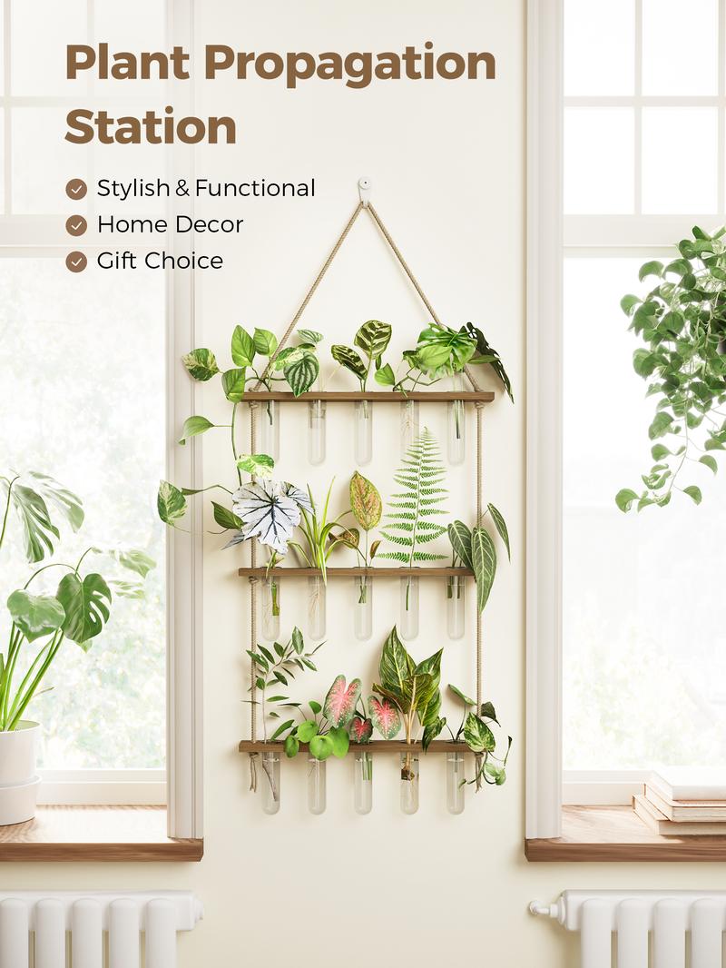 BamWorld Hanging Plant wall planter Propagation Station Glass Terrarium with 3 Tiered Wooden Stand 15 Glass Tubes for Hydroponic Plant Wall Hanging Planter Gift for Plant Lover Home Decor Bedroom Deco