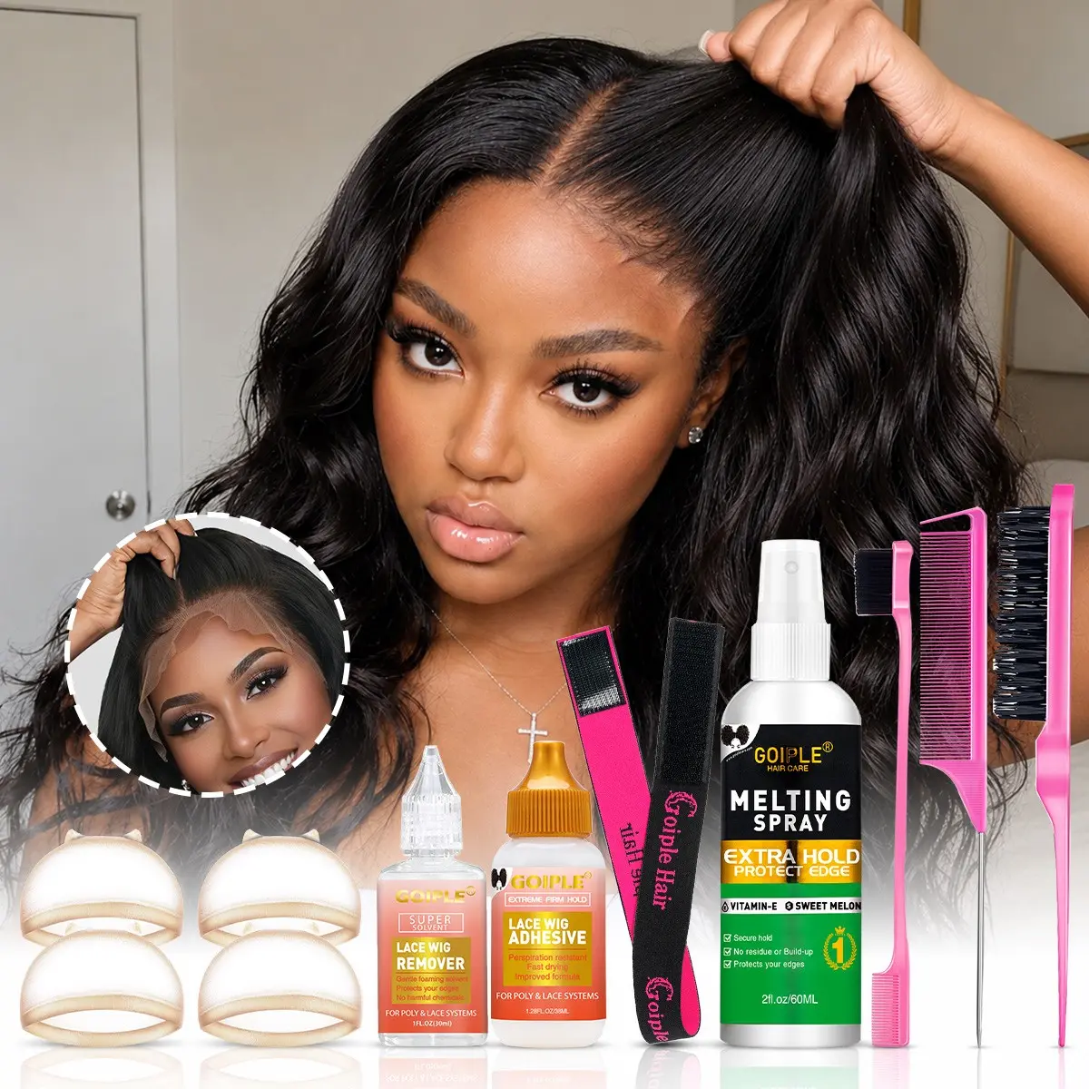Goiple beginner's lace hair accessory set, hair glue, hair waterproof long-lasting shaping invisible adhesive, hair melting spray, hair glue remover, used for closing the hair extensions before attaching them, strong and natural shaping, with control hair