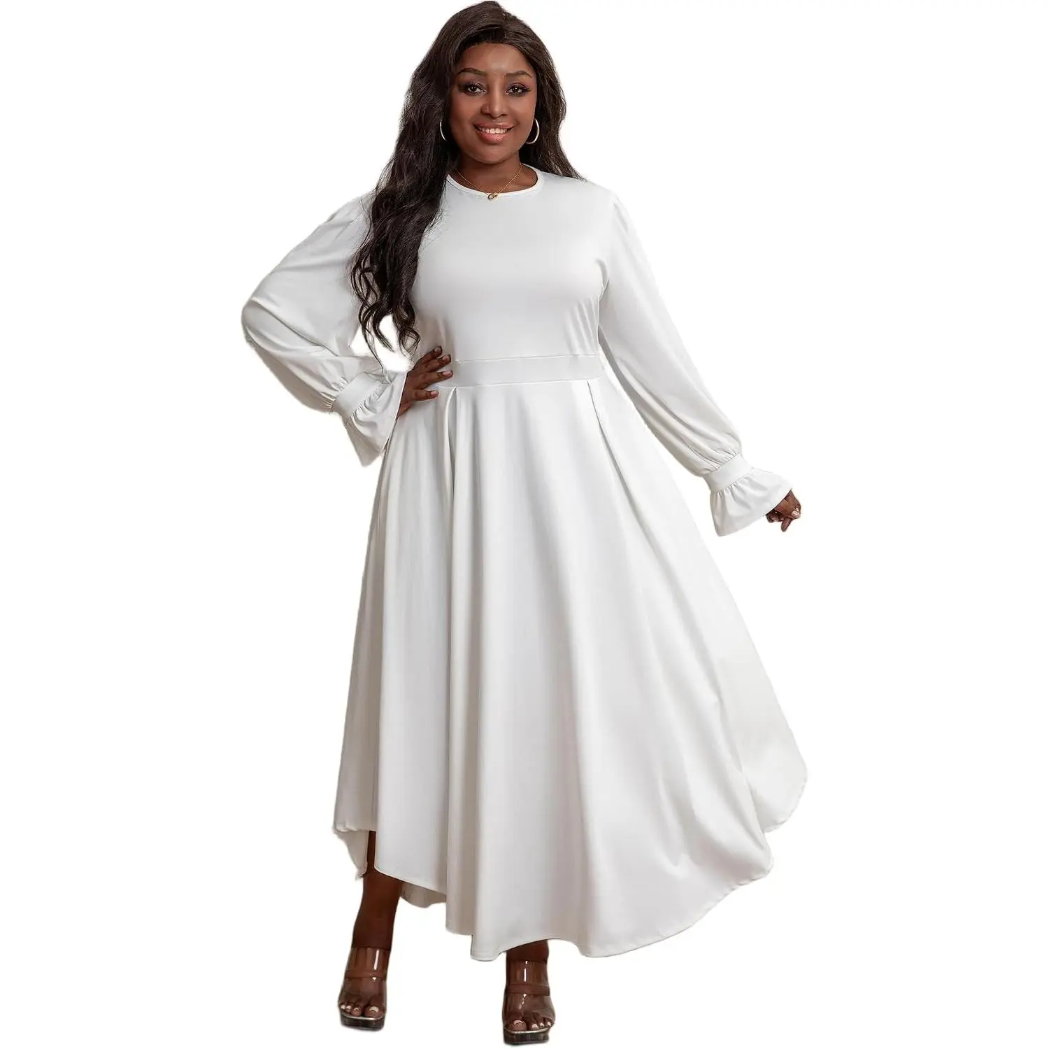 Women's Plus Size Everyday Casual Round Neck Long Bishop Sleeve Pleated Asymmetrical Ruffle Button Church Maxi Dress - Flowy A-Line Shape, with Pockets, Elegant
