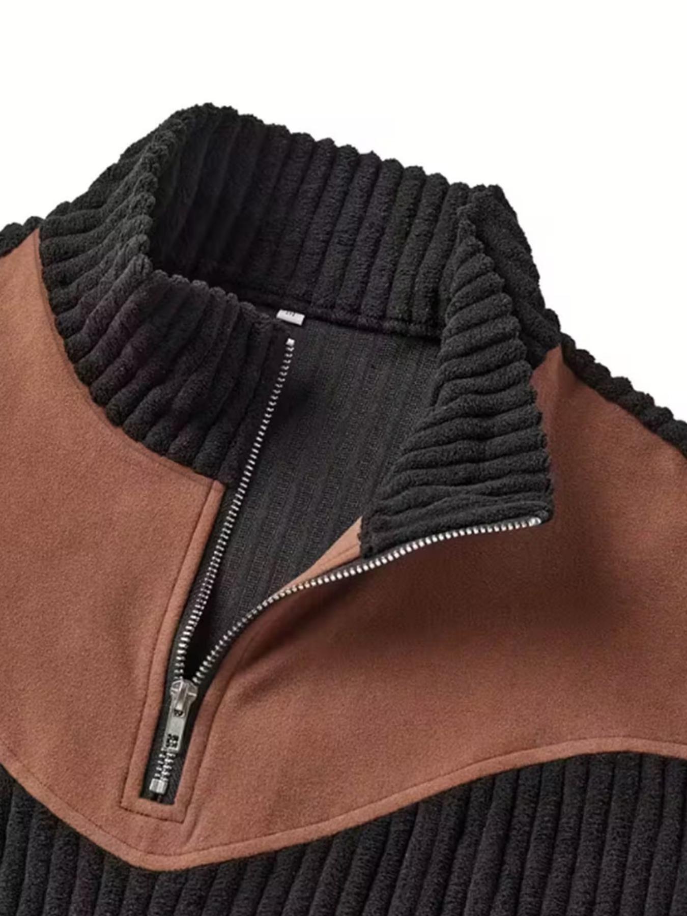 Men's Stand Collar Pullover Sweater, Autumn Winter Warm Half Zip Long Sleeve Cow Head Print Patchwork Ribbed Vintage Streetwear