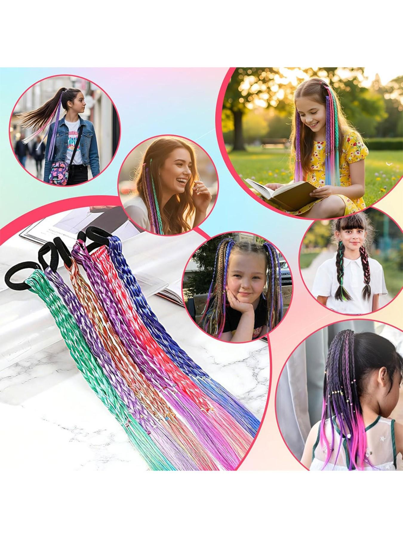 Girls' rainbow braid hair extensions, children's ponytail hair extensions, girls' hair accessories, challenging braid hair extension styles, 6 crazy accessory headbands
