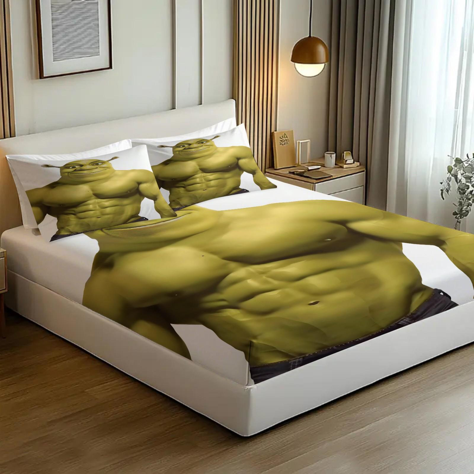 3 Piece Shrek Pattern Fitted Sheet Set, Soft And Durable Bedding Set, Including 1 Piece Flat Sheet And 2 Pieces Pillowcases, Suitable For Children And Adults Daily Holiday Birthday Gifts Bedroom Decorations