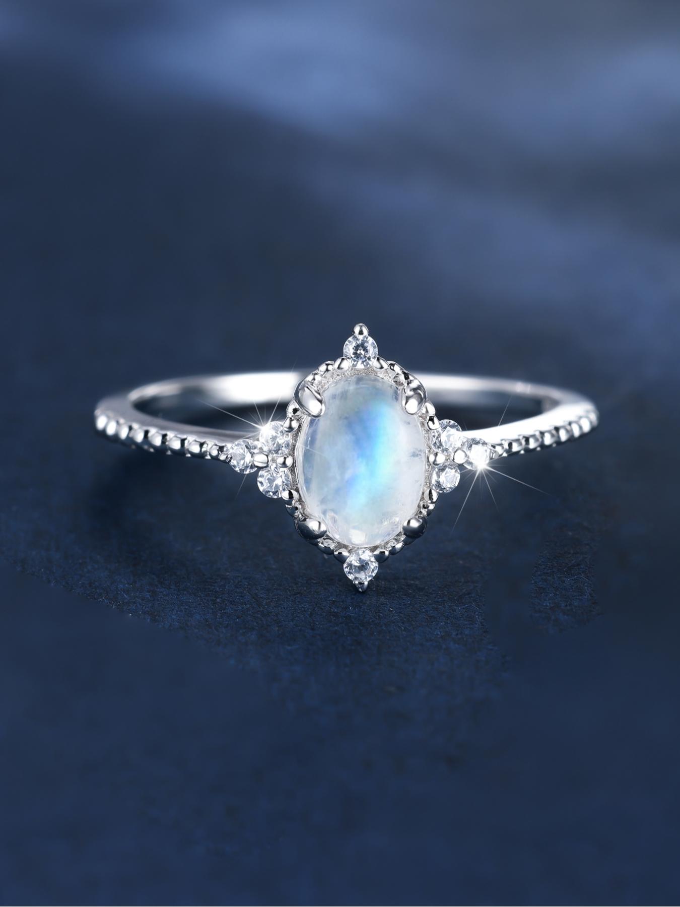 S925 Sterling Silver Moonstone Decorated Ring, Dainty Ring, Fashion Accessories for Women & Girls, Trendy All-match & Exquisite Jewelry for Birthday Gift