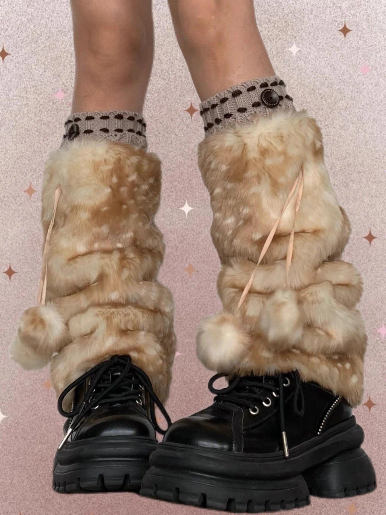 Autumn and Winter Cute Plush Leg Cover Warm Deer Print Faux Fur Plush Leg Warmers JK College Style Cosplay Boots Chrismas Gifts