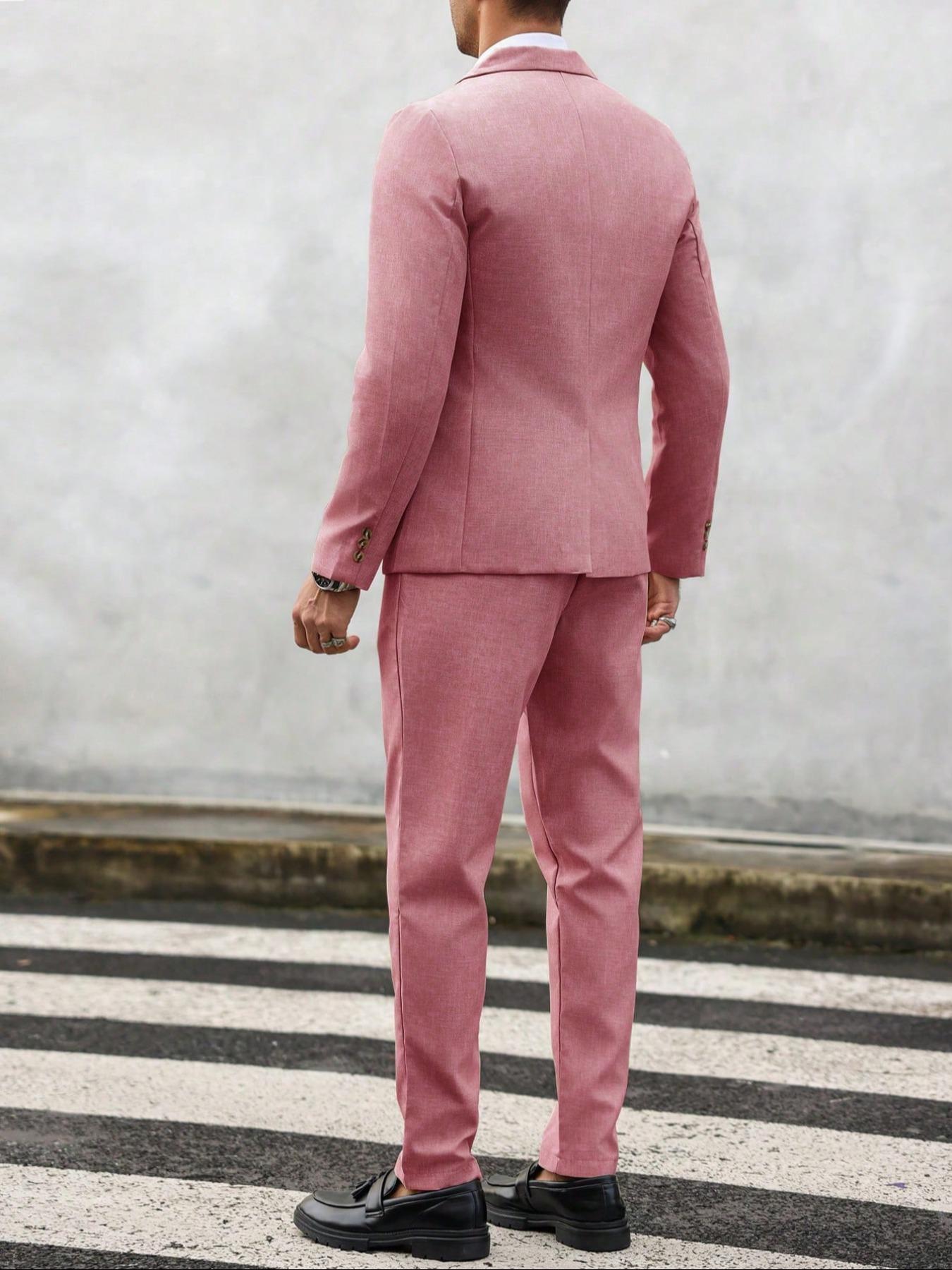 Men's Solid Color Suit Set, Slim Fit Formal Casual Comfy Breathable Business Blazer & Pants for Work Office, Men's Clothing for All Seasons, Menswear