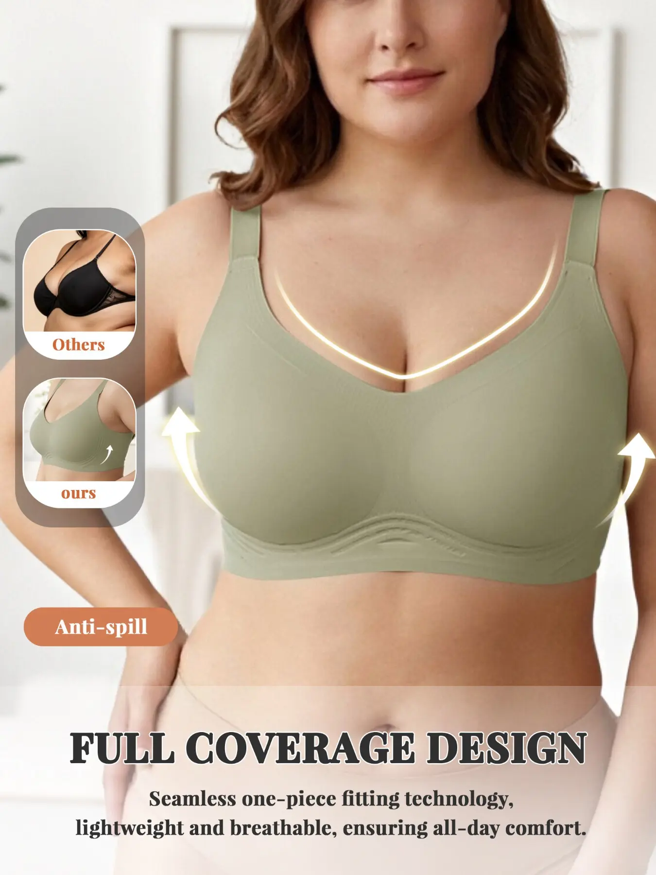 Plus Size Seamless Jelly Support Wireless Bra, Full Coverage V Neck No Wire Lingerie, Wide Adjustable Straps Anti Sag Anti Spill Everyday Comfort Underwear