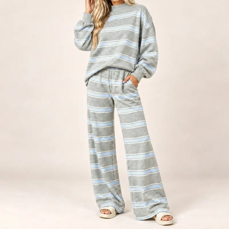 Striped mock neck oversized pullover and wide leg pants set, full outfit view