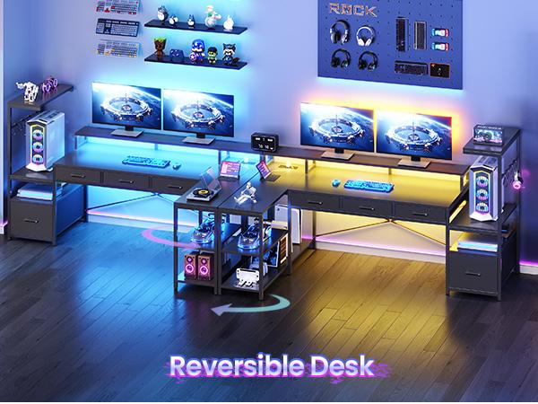 SEDETA 59Inch L Shaped Gaming Desk with PC Display Stand, Reversible Computer Desk with Storage Shelves, 4 Drawer & LED Lights, Modern Gamer Desk Table with Power Outlet, Monitor Stand