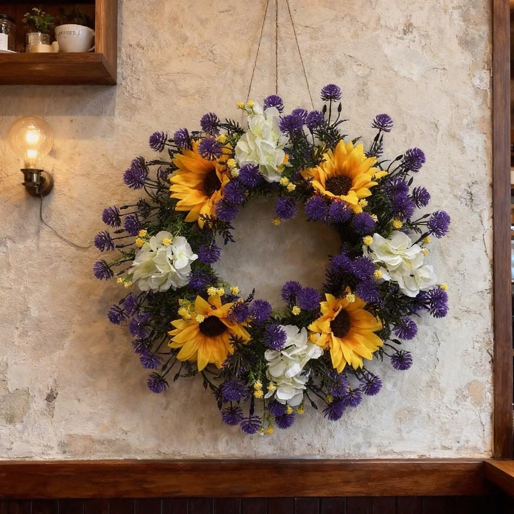 1pc purple yellow flower wreath, sunflower, hydrangea, dandelion simulation flower wreath, home decoration, home decoration, room decoration, bedroom decoration flower wreath, summer and autumn flower wreath, garden, door and window, staircase decor