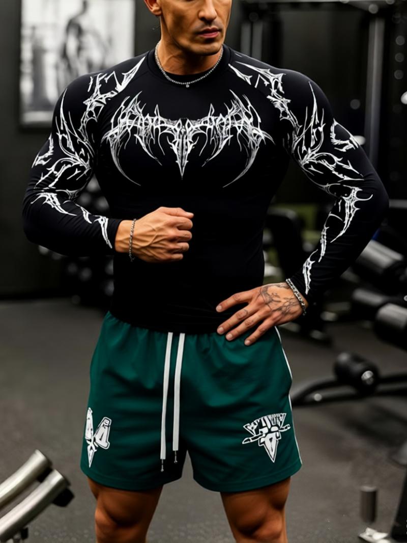 Men's Professional Sports Quick-Dry Fitness Shirt, Gothic Print Long Sleeve, High Elasticity, Round Neck, Moisture-Wicking, Running, Training, Daily Wear Men's Professional Sports Quick-Dry Fitness Shirt, Gothic Print Long Sleeve, High Elasticity, Round Neck, Moisture-Wicking, Running, Training, Daily Wear