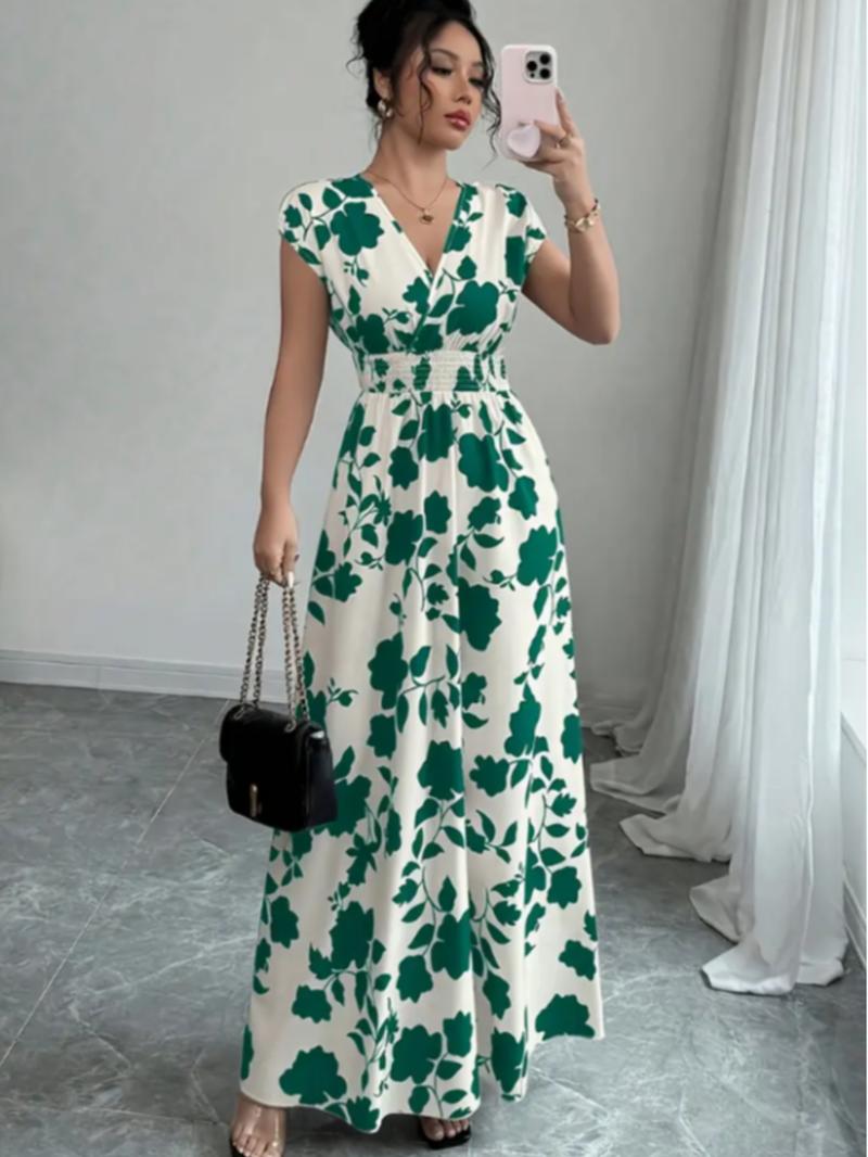 Elegant Women's Summer Dress, V Neck A-Line Batwing Sleeve, Floral Print, Leaf, Casual Fashion, Perfect for Daily Wear & Special Occasions