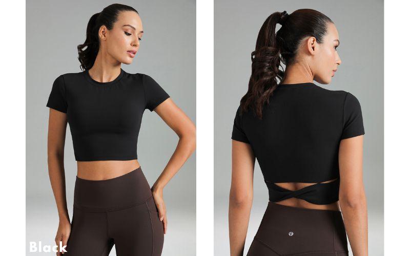 Colorfulkoala Women's Dreamlux Cross-Back Crew Neck Top with Short Sleeves Form-Fitting Athletic Shirt