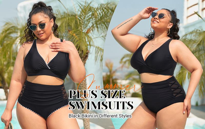 Yonique Women's Two Piece Plus Size Bikini Set, V Neck Top & Full Coverage High Waisted Bikini Bottom, Tummy Control Swimwear for Beach Swimming Holiday Vacation