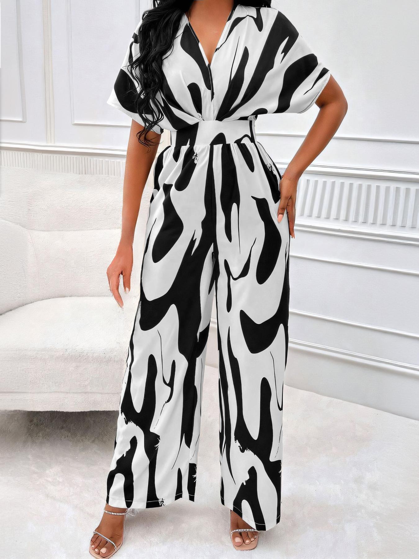 Women's Classy Casual Fashion All Over Print Shirred Wide Leg Flowy Jumpsuit, Sleek Soft Batwing Sleeve Jumpsuit for Spring & Summer, Lightweight Pill-Resistant Womenswear