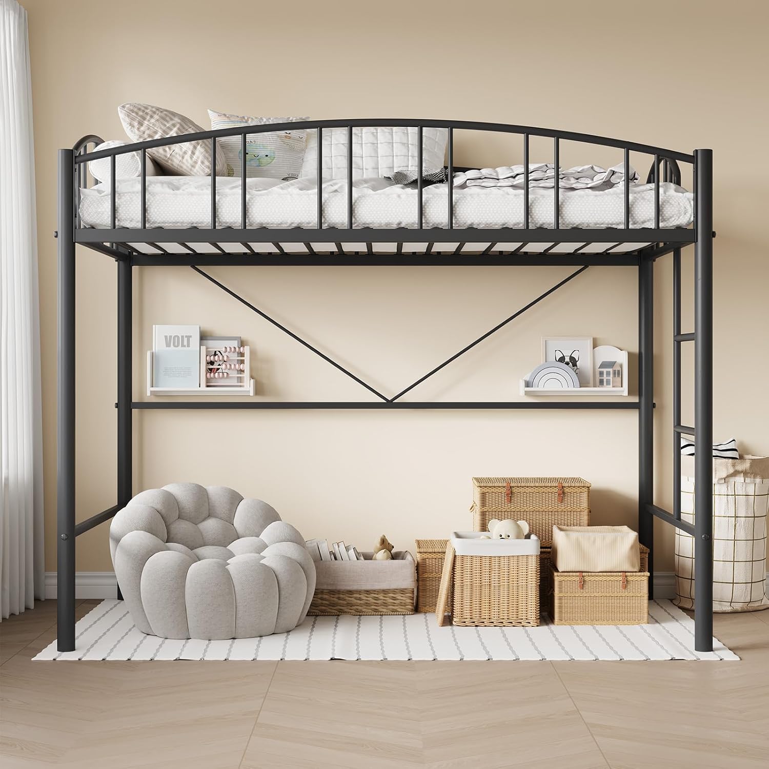 Loft Bed Twin Size, Heavy Duty Metal Loft Bed Frame with Arched Guardrail and Safety Ladder, Space-Saving, No Box Spring Needed