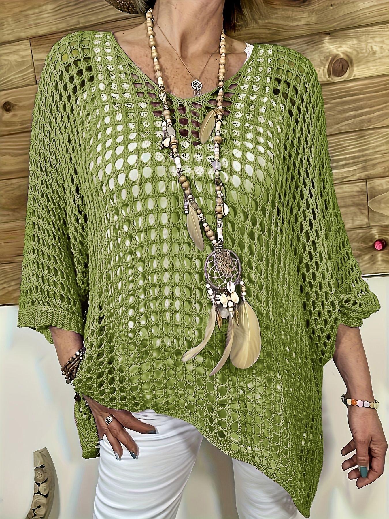Summer Boho Bohemian Hollow Out Knit Hoodie for Women, Loose Batwing Sleeve Asymmetrical Hem Sun Protection Top, Casual Fashion Pullover
