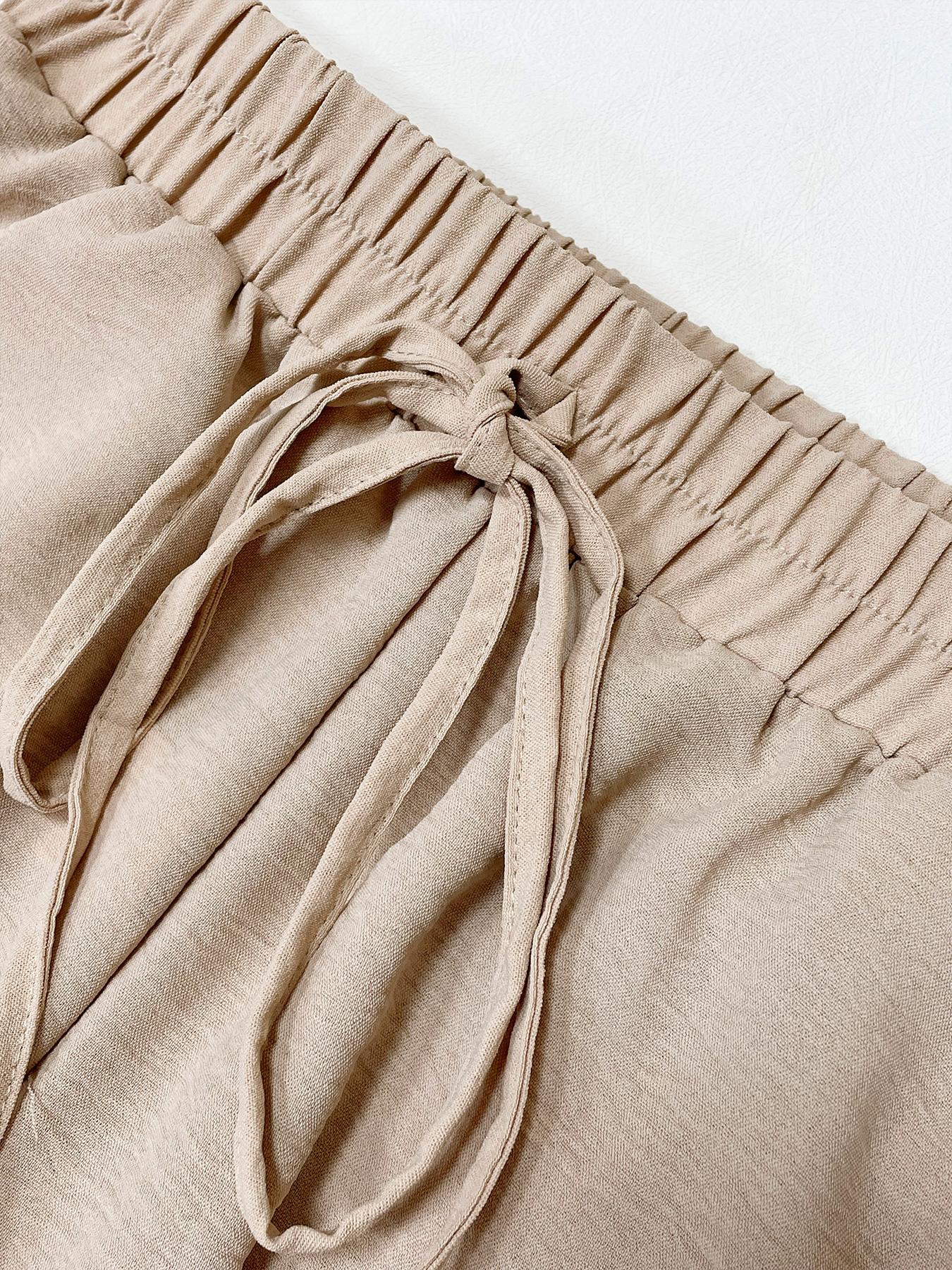 Women's Plain Pocket Tie Front Adjustable Elastic Waist Straight Leg Pants, Casual High Waist Wide Leg Trousers for Daily Wear, Ladies Bottoms for All Seasons, Baggy Pants