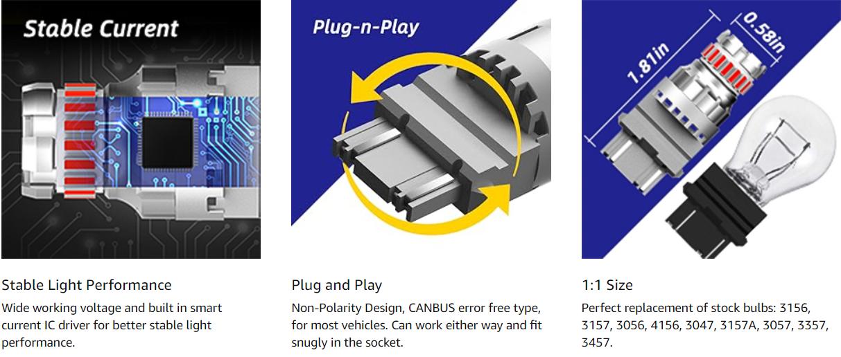 AUTOONE Red LED Blinking Brake Bulb for Tail Light, 600% Brighter Long Life Miniature, CANBUS Non-polarity, 3156/3157/3056/3057/4157/3047/3457, Plug and Play, 7443/7440/7441/992/T20/W21W/7444, Pack of 2