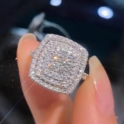 Women's Silver-Plated Glamorous Square Pave Zircon Statement Ring - Cubic Zirconia Diamanté Stone Costume Jewelry for Proposal & Wedding Gifts