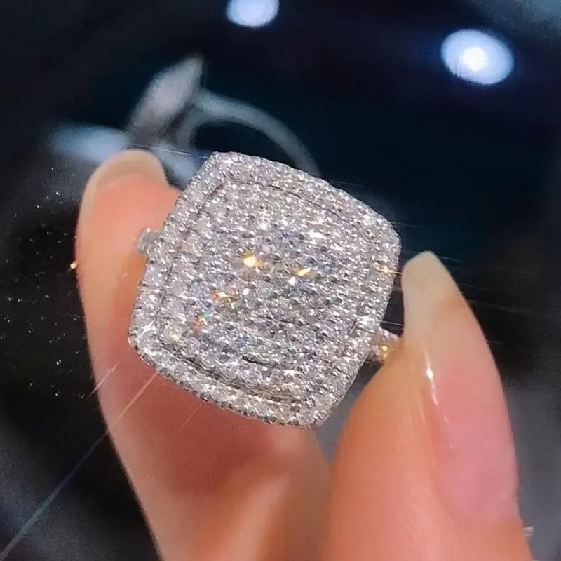 Women's Silver-Plated Glamorous Square Pave Zircon Statement Ring - Cubic Zirconia Diamanté Stone Costume Jewelry for Proposal & Wedding Gifts