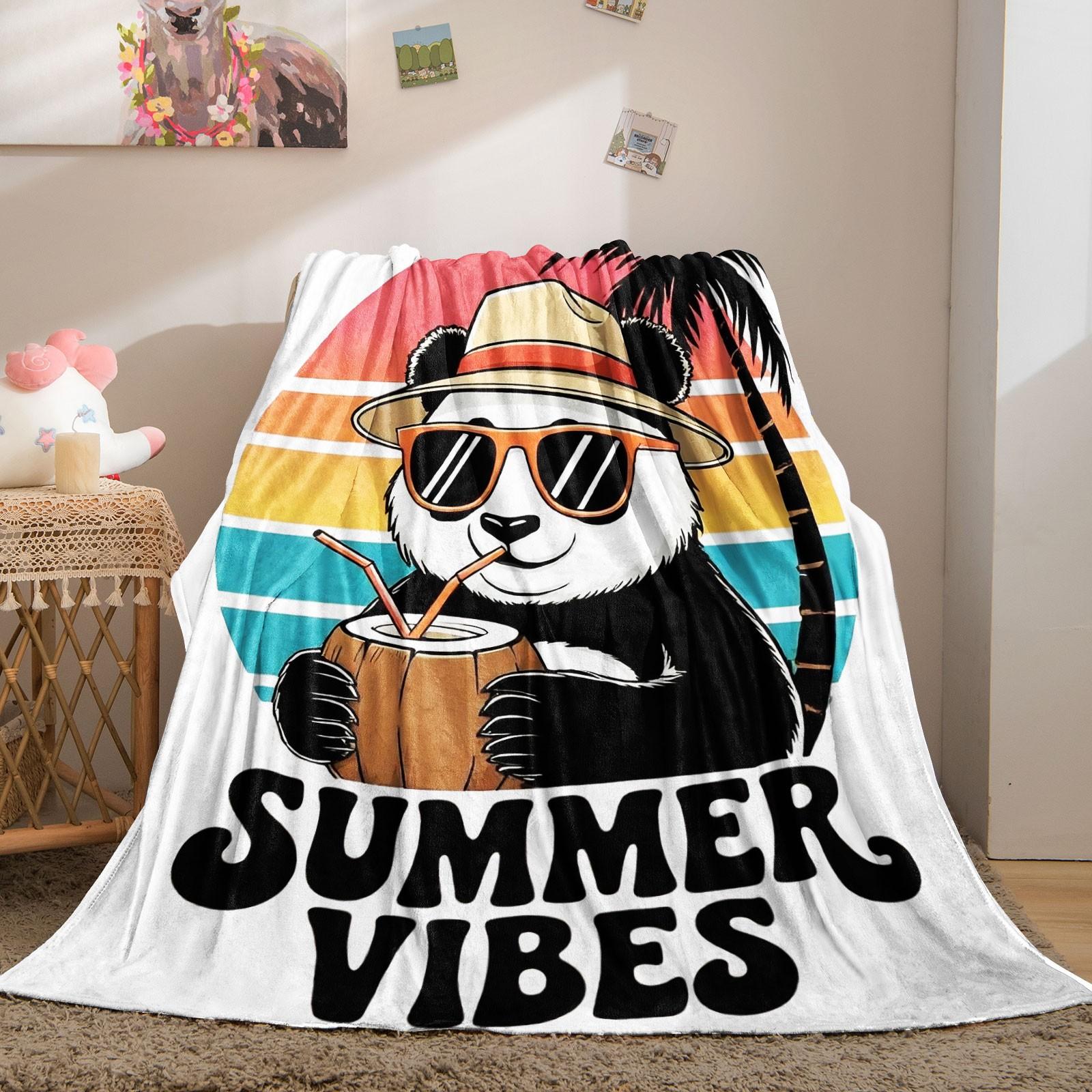 Summer Vibes Panda Flannel Blanket, Cute Tropical Palm Tree Print Throw Blanket, Ultra Soft Warm Blanket, Fun Beach Themed Gift Blanket for Kids, Teens & Panda Lovers