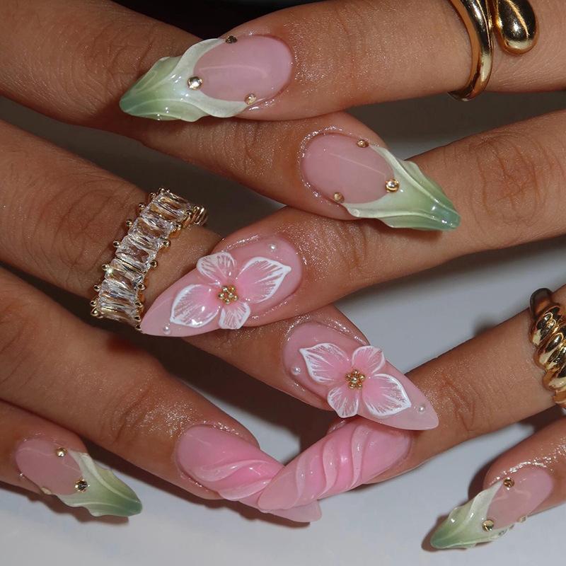 24Pcs Mid-length Gilded Almond Nails Set Press on 3D Flower Gradient Pink Full Cover False Nails Tips Pearl Reusable Fake Nails