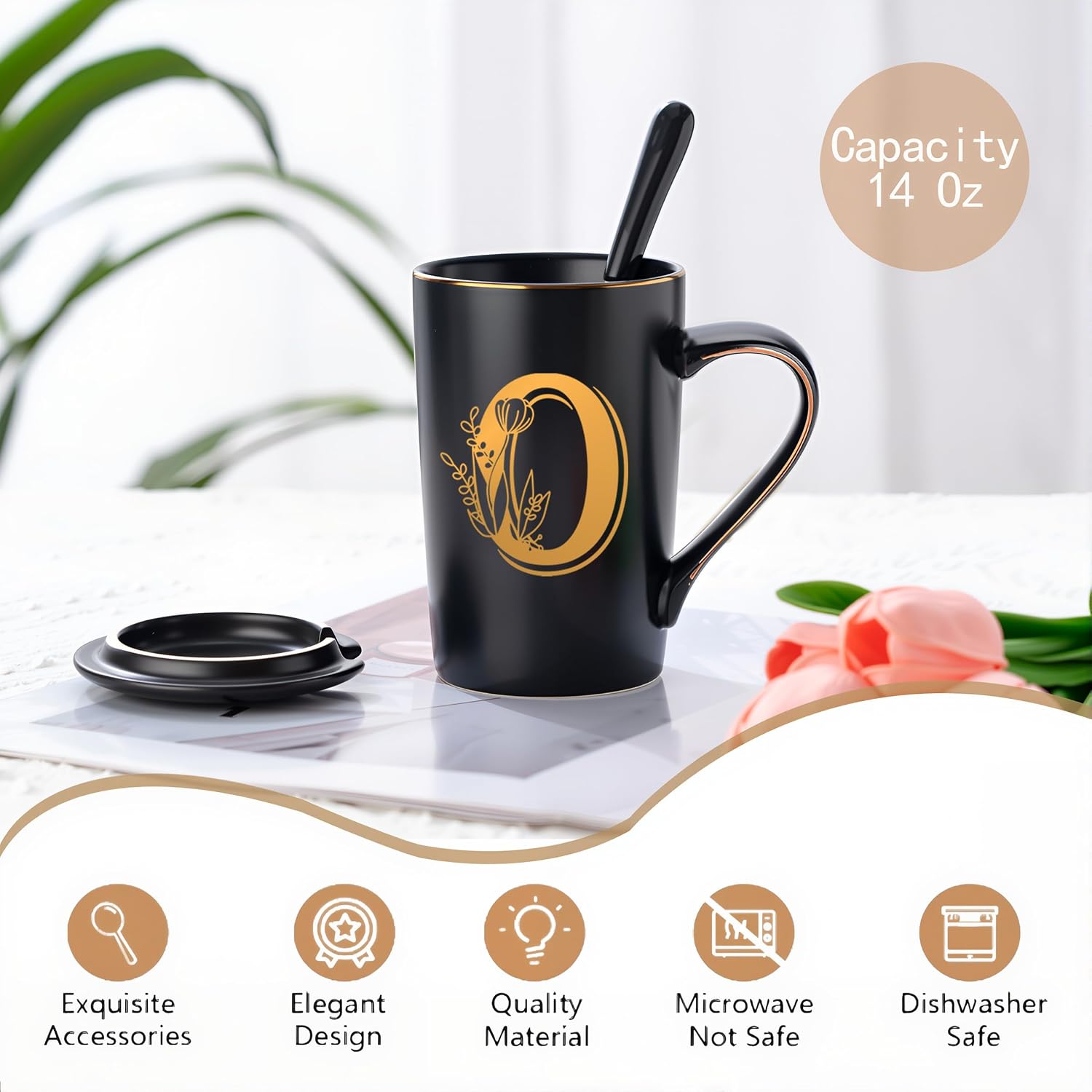 Letter O Personalized Initial Mugs with Flower, Letter O Personalized Coffee Mug, Customized Cool Letters Mugs for Women, Bridal Shower Gifts, Women's Initials Gifts Mug 14 OZ Matte Black