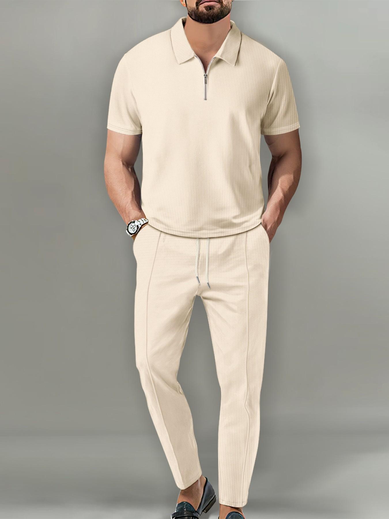 Men's Two-Piece Set Outfit for Summer, Menswear Quarter-Zip Polo Shirt and Drawstring Pants, Casual and Urban Style, Perfect for Relaxing Days